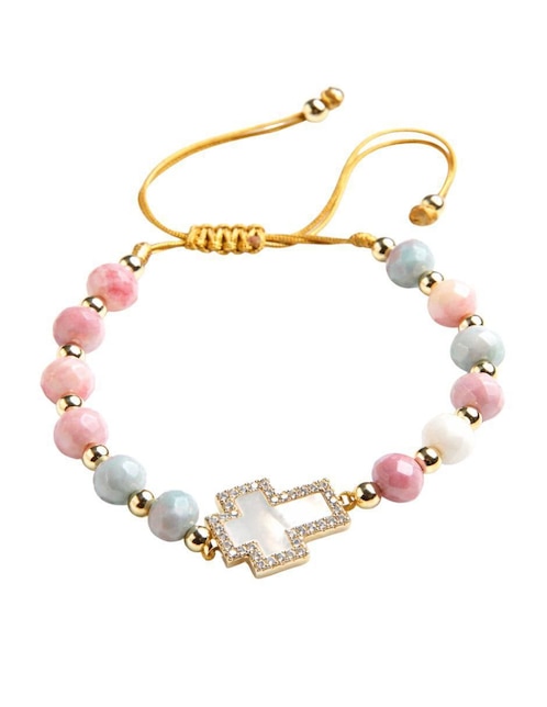 Pulsera Yoiko con zirconia 18 k Cruz Celestia acabado baño de oro