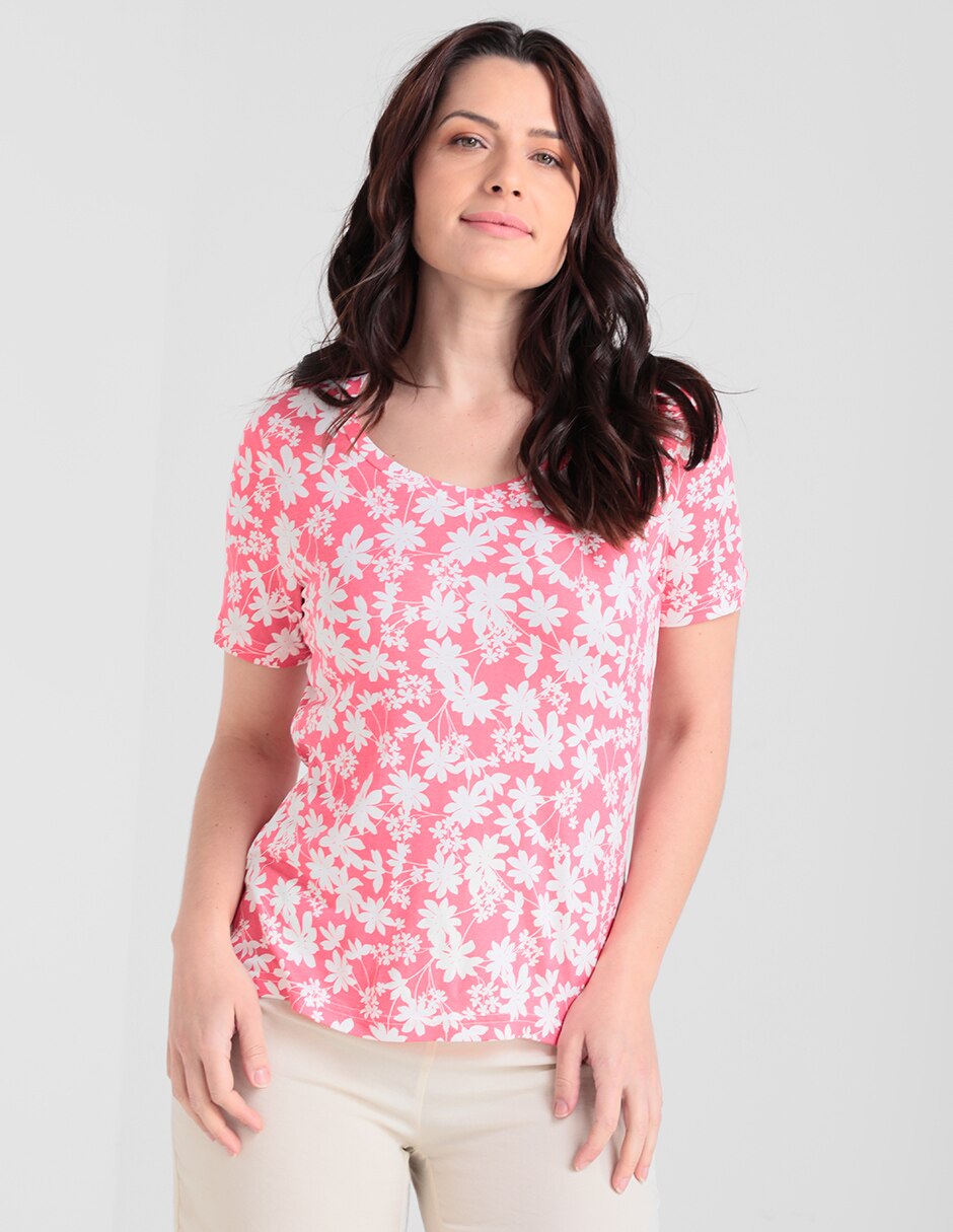 Playera Morango cuello V estampado floral para mujer en Liverpool