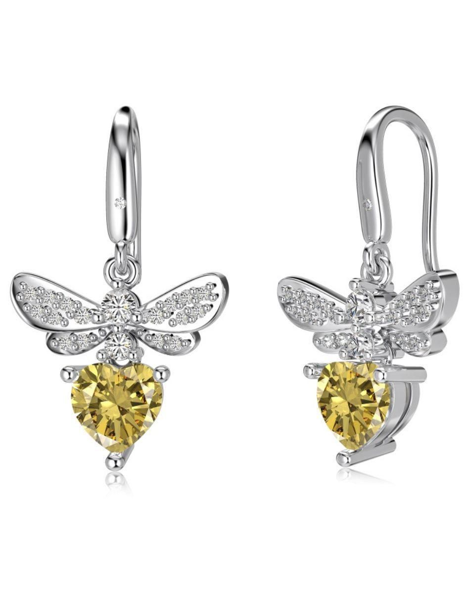 Aretes de abeja María de plata P 925 con acabado baño rodio zirconia