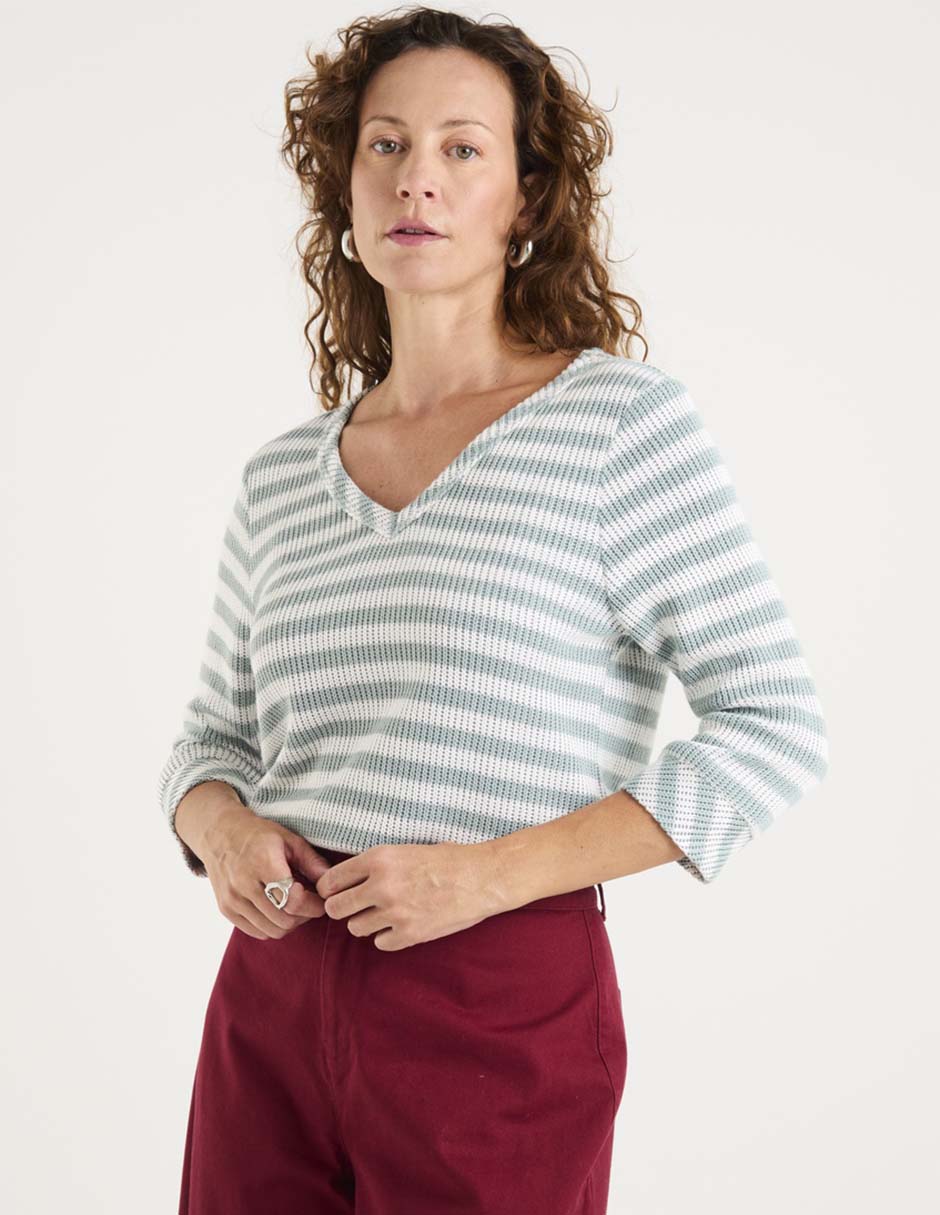 Playera manga 3/4 cuello V para mujer