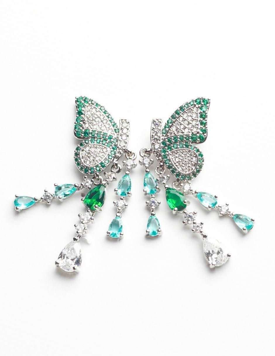 Aretes largos de mariposa Maravielle con acabado baño rodio zirconia