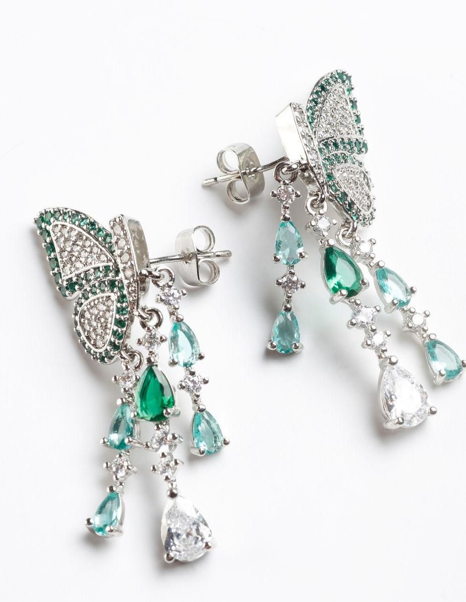 Aretes largos de mariposa Maravielle con acabado baño rodio zirconia 2