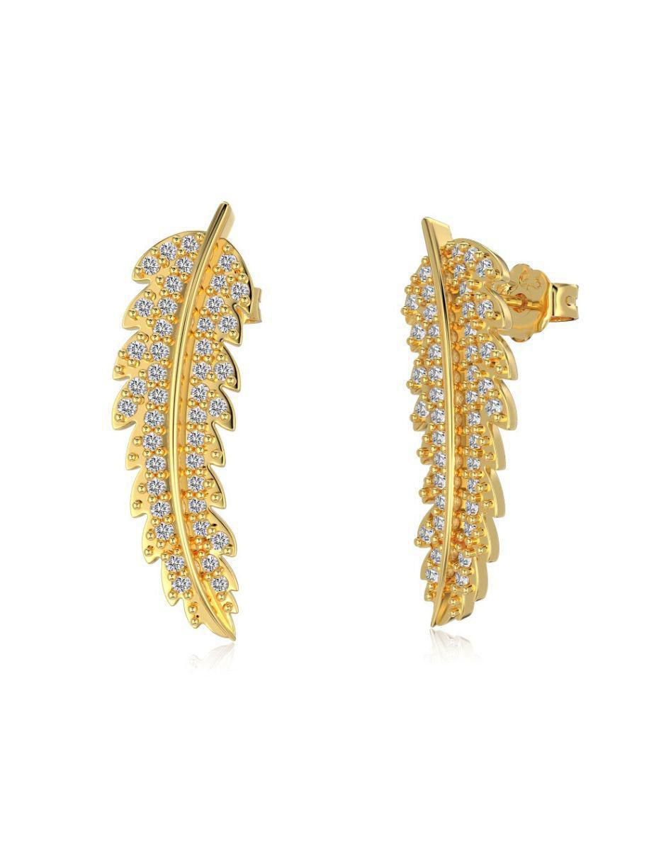 Aretes largos de hoja Aurea de plata P 925 con acabado baño de oro zirconia 2