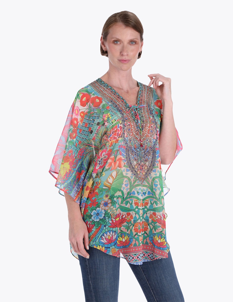 Blusa túnica manga al codo para mujer