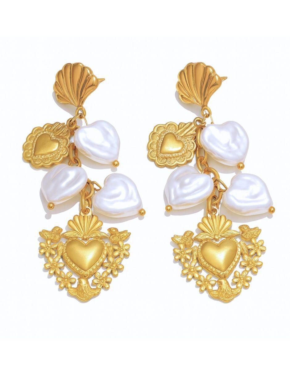 Aretes largos de corazón Milagritos con acabado brillante 2