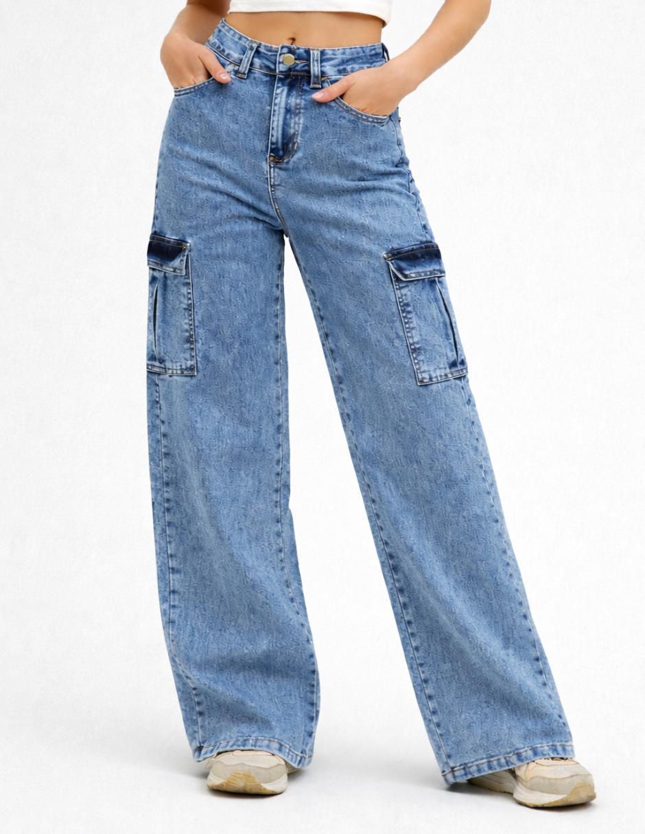 Jeans cargo wide leg cintura alta para mujer