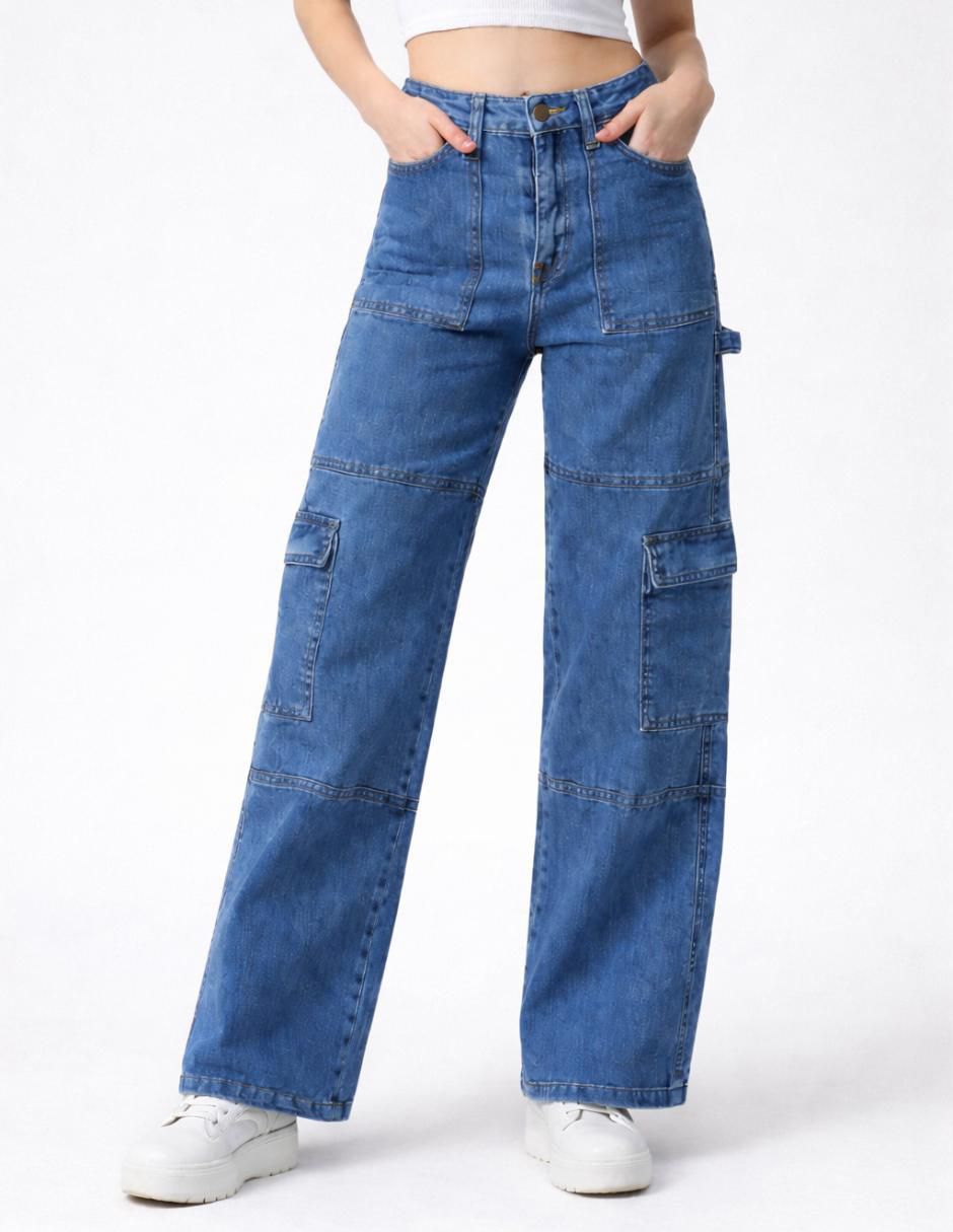 Jeans cargo wide leg cintura alta 25339-D para mujer